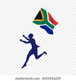 Vector illustration of a running man holding South Africa flag on transparent background