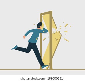 Vector illustration of a running man with a mask on his face, destroying a closed door in his path. The person is trying to get rid of impostor syndrome or dissociative identity disorder.