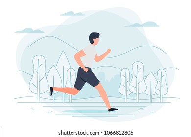 Vector illustration - running man. Park, forest, trees and hills on background. Banner, poster template with place for your text.