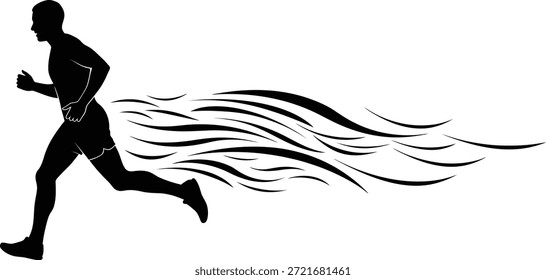 Vector illustration of a running man silhouette with trailing wind lines representing speed, motion, fast action, and athletic performance isolated on white background