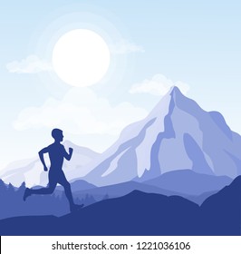 Vector illustration of running man in wild nature mountains landscape in silhouette.
