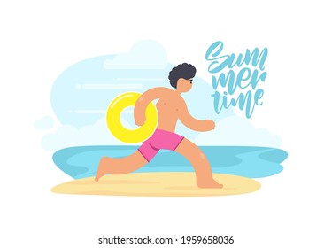 Vector illustration of running man with yellow Inflatable ring on sunny beach background. Flat cartoon scene.