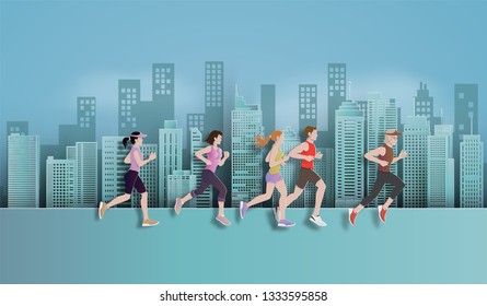 Vector illustration running marathon,Man and Woman running in the city, Paper art and digital craft style.