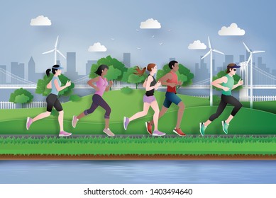 Vector illustration running marathon,Man and Woman running in the city park, Paper cut style.