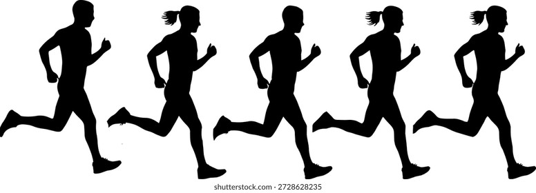 Vector illustration of running motion icon set with five athletic silhouettes in ponytail and dynamic stride sequence