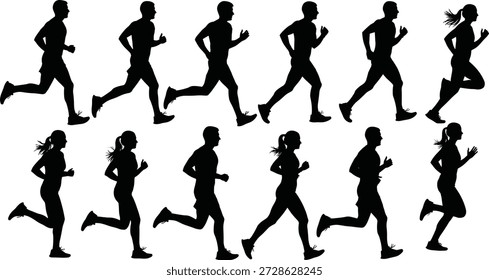 Ilustración vectorial de conjunto de iconos de movimiento de carrera con doce siluetas atléticas en secuencia dinámica de zancada y postura