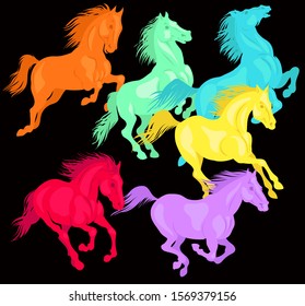 Vector illustration. Running multi-colored horses. The concept of freedom and movement.