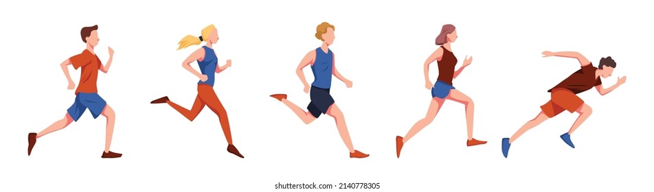 Vector illustration of running people. Men and women participate in sports races, athletic competitions in cartoon style. Concept of aspiration to success.