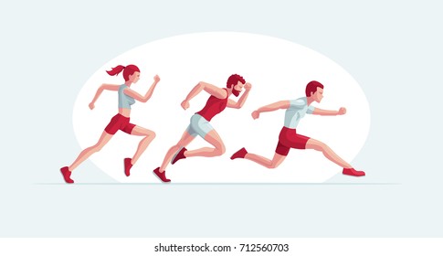 Vector illustration of running people. Two man and a woman are jogging. Easy editable global colors.