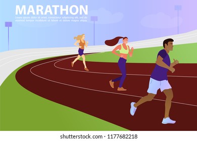 Vector illustration with running peoples. Group of marathon runners on treadmills. Sport and healthy lifestyle illustration. Vector illustration in a flat style. Colorful poster. 