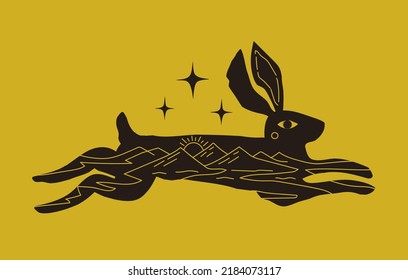 Vector illustration with running rabbit or hare with mountain landscape inside. Travel adventure print design with wil animal, nature lover emblem