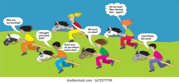 Vector illustration, running riders on hobby horses.