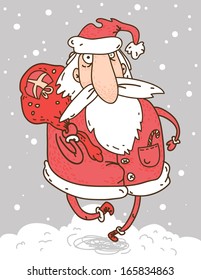 Vector illustration of running Santa Claus. Santa is hurrying to bring Christmas gifts. 