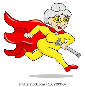 vector illustration of a running senior super heroine with cape