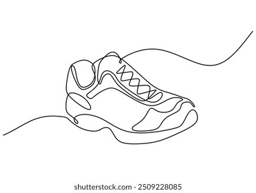 Vector illustration of a running shoe drawn in a continuous line art style. Represents athletic sports in a minimalist hand-drawn design, isolated on a white background.