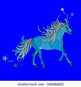 a vector illustration of a running unicorn with long, wavy tail and mane