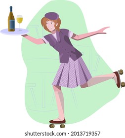 Vector illustration of running waitress on roller skates with wine and bottle on a tray