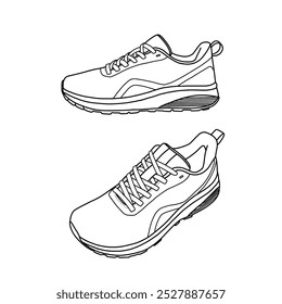 Vektorgrafik Laufschuh handgezeichnete Linie Kunst Skizze, Doodle Vektorgrafik, isometrische, Vorder-und Seitenansicht. Geeignet für Ihre Turnschuhe einzeln auf weißem Hintergrund