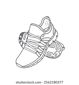 Vector illustration running walking shoe hand drawn line art sketch, doodle vector sketch illustration, isometric, front and bottom view. Suitable for your running shoes, isolated on white background