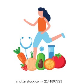 Vector illustration of running woman cartoon graphic, fruits, stethoscope, text. top view, perfect for background, wallpaper and celebrating world health day