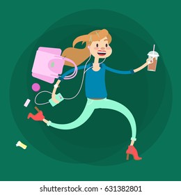 Vector illustration of running woman in casual wear with coffee, bag, phone, hurry to office, late for meeting.
