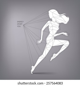 Vector illustration of running woman silhouette in triangles and polygons scheme shape infographic