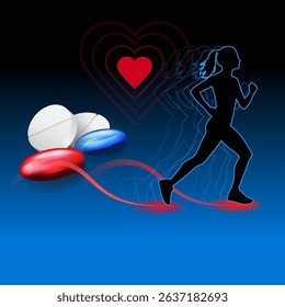 Vector illustration of a running woman silhouette with heart icon and colorful pills. Symbol of health, fitness, supplements, and cardiovascular care.