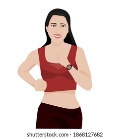 Vector illustration of a running woman.Sports girls have exercise watches and headphones.Isolated on white.