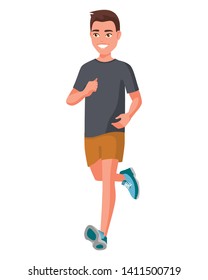 Vector illustration of running young man in casual clothes .Cartoon realistic people illustration.Flat young woman.Front view. Isometric view. Sportive man. Sport, training, run.