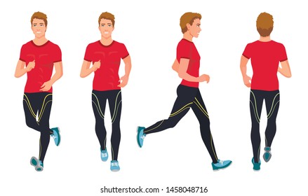 Vector illustration of running young man in sportive clothes. Cartoon realistic people illustration. Front, side and back views. Isometric views. Sportive man. Sport, training, run.