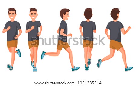 Vector illustration of running young man in casual clothes .Cartoon realistic people illustration.Flat young woman.Front, side and back views. Isometric views. Sportive woman. Sport, training, run.
