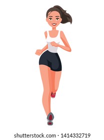 Imagen vectorial de una joven con ropa informal. Dibujo popular realista. Mujer joven plana. Vista frontal. Vista isométrica. Mujer deportiva. Deporte, entrenamiento, correr.