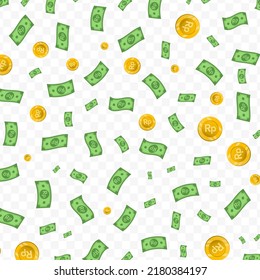 Vector illustration of Rupiah currency. Random pattern of banknotes and coins in green and gold colors on transparent background (PNG). 