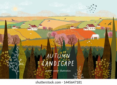 Vector illustration of a rural autumn landscape or farm with houses, pets, trees and grass. Freehand drawing of a sunny summer day in the village.