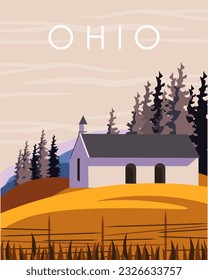 Ilustración vectorial. Iglesia rural, EEUU, Ohio. Naturaleza, campo, campo. Diseño para afiches, pancartas, postales. Cartel de viaje.