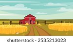Vector illustration of rural farm landscape. Cartoon scene of a beautiful farm with a red barn, fields, wheat, ears of corn, haystacks, a pitchfork, a fence, a rooster, a road, fallen leaves, grass.