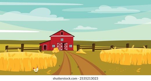 Ilustración vectorial del paisaje agrícola rural. Escena de dibujos animados de una hermosa granja con un granero rojo, campos, trigo, mazorcas de maíz, pajares, una horca, una cerca, un gallo, un camino, hojas caídas, hierba.