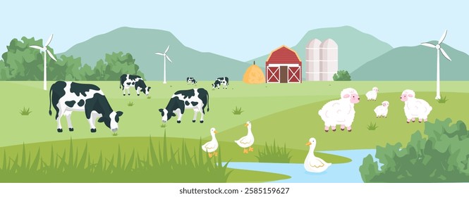 Vector illustration of a rural farm landscape with dairy cows, sheep, and ducks grazing on a grassy meadow. A red barn and mountains create a charming backdrop.