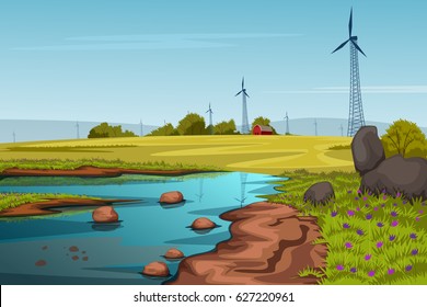 vector illustration of rural farm landscape with windmill