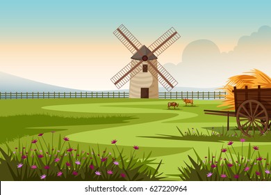 vector illustration of rural farm landscape with windmill