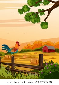 vector illustration of rural farm landscape with cock