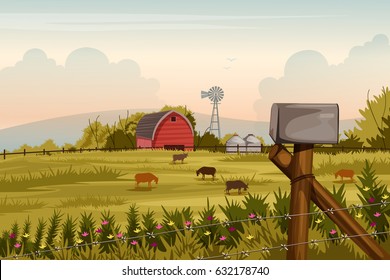 vector illustration of rural farm landscape with windmill