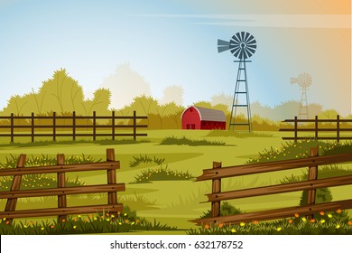 vector illustration of rural farm landscape with windmill