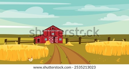 Vector illustration of rural farm landscape. Cartoon scene of a beautiful farm with a red barn, fields, wheat, ears of corn, haystacks, a pitchfork, a fence, a rooster, a road, fallen leaves, grass.