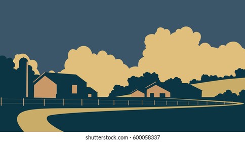 Ilustración vectorial de una granja rural en colinas onduladas 