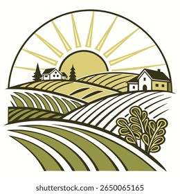 A vector illustration of a rural farm scene featuring fields, houses, trees, and a stylized sun.
