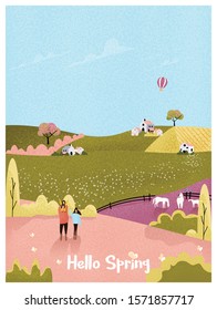 Vector illustration of a rural farm in spring or summer landscape postcard.Vintage pink and green color tone. Happy family with kid in natural farm in spring with noise and grainy.