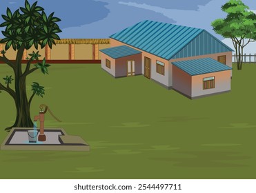 Ilustração vetorial de uma casa rural com um telhado azul, rodeado por árvores e uma bomba de mão no quintal, perfeita para cenas de vilarejos e imóveis