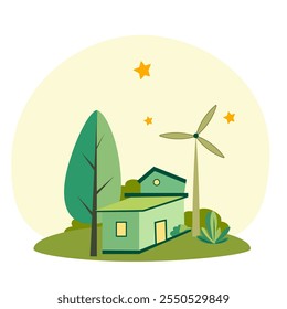 Ilustración vectorial de casa rural con molino de viento Eco Sistema de energía limpia