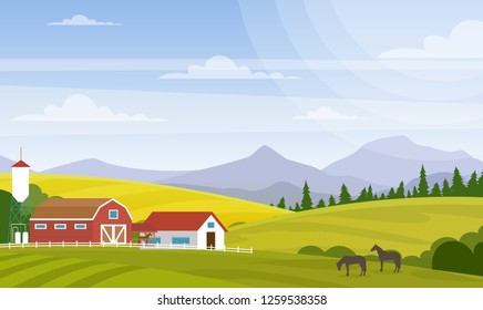 Vector illustration of rural landscape. Beautiful countryside with farm and horses on fields, house and mountains for web design development, natural background in cartoon flat style.